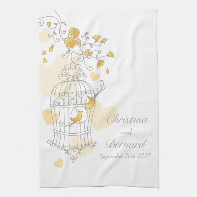 Cage d'oiseau jaune mariage serviette de cuisine p (Vertical)