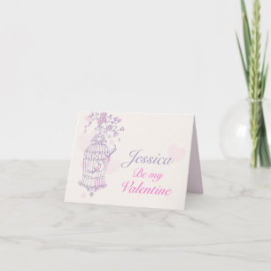 Cage d'oiseau rose violet valentine's nom carte