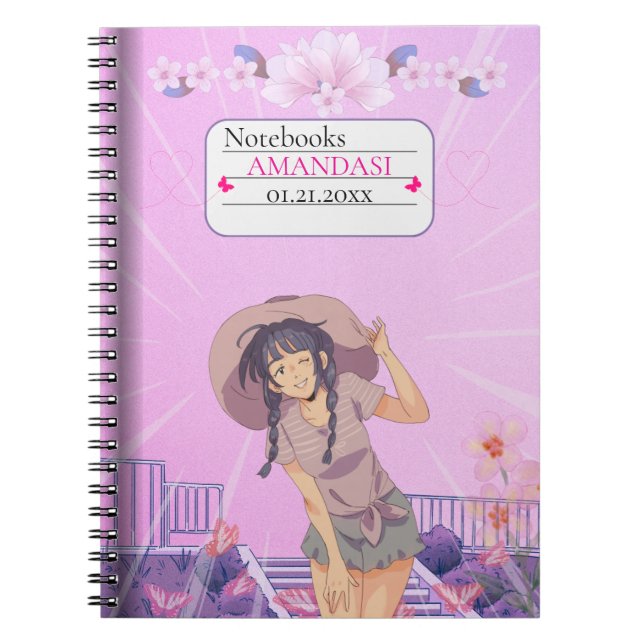 Cahier à l'esthétique florale de fille anime rose  (Devant)