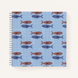 Cahier à motif grille bleue avec banc de poissons
