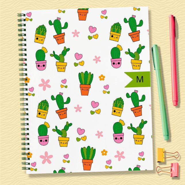 Cahier à reliure spirale monogrammé Cactus Kawaii (Créateur téléchargé)