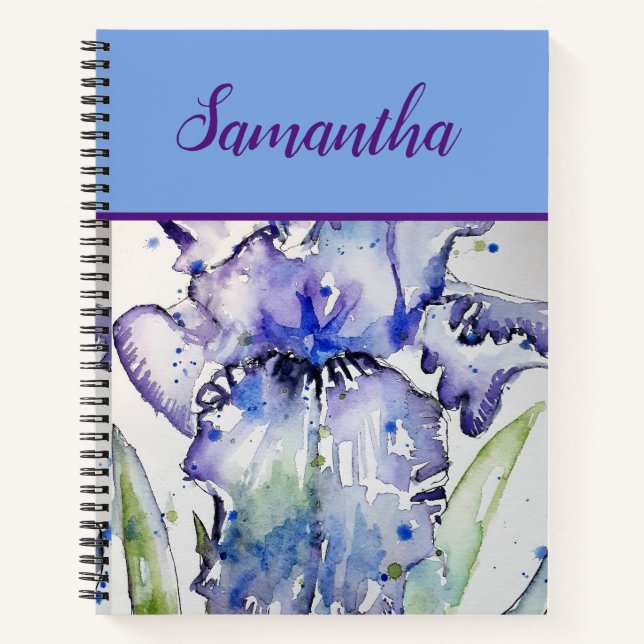 Cahier à spirale d'art floral aquarelle Iris bleu (Devant)
