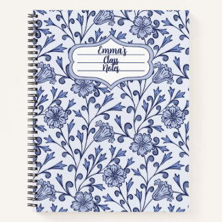 Cahier à spirale floral bleu personnalisé 21,59x27