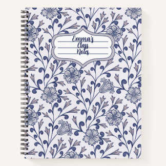 Cahier à spirale floral bleu personnalisé 21,59x27