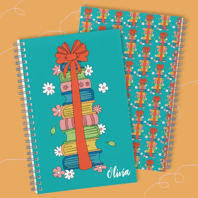 Cahier à spirale pour enfants avec un paquet de li (Books with big red bow spiral notebook with name .)