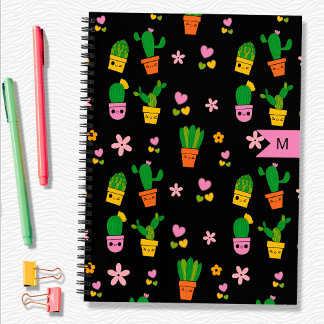 Cahier à spirales noir monogrammé Kawaii Cactus