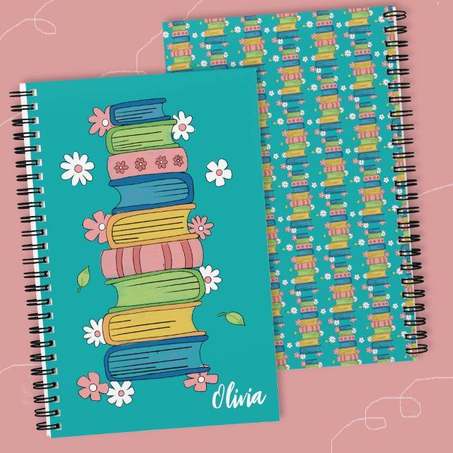 Cahier à spirales sarcelle pour enfants avec empil (Books and little flowers spiral notebook .)