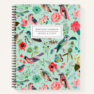 Cahier avec impression partout vert menthe oiseaux