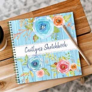 Cahier de croquis bleu bois aquarelle florale nom 