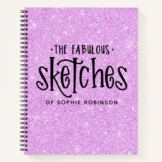 Cahier de croquis pailleté violet élégant avec nom (Devant)