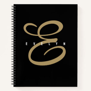 Cahier de monogramme chic noir et or en script