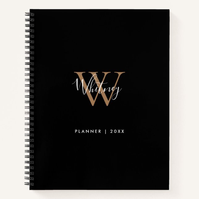 Cahier de nom de monogramme de script or noir élég (Devant)