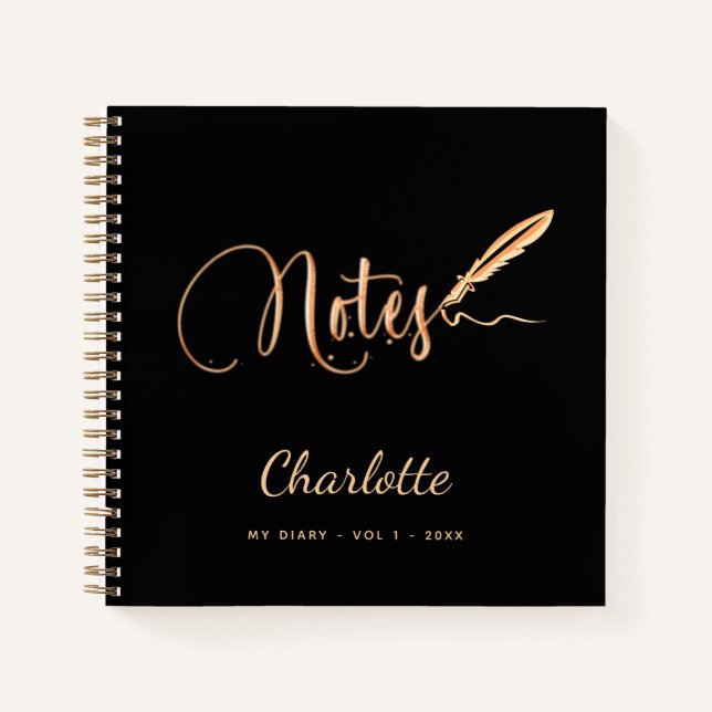 Cahier de nom de script élégant stylo or noir (Devant)