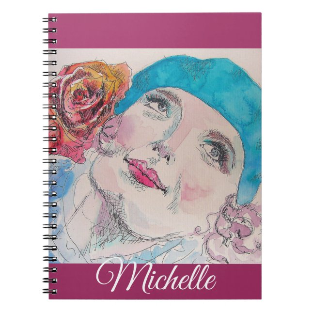 Cahier de notes Fille Rose rouge aquarelle prune r (Devant)