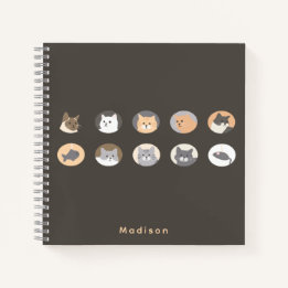 Cahier Gris Foncé aux Visages de Chat Mignons avec