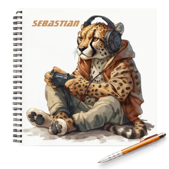 Cahier pour enfants Joueur de Cheetah (Funny Cheetah wearing headphones and a hoodie playing video games kids personalized notebook)