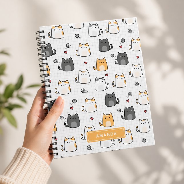 Cahier Spirale Personnalisé Motif Chat Mignon Kawa (Cute Kawaii Cat Pattern Personalized Spiral Notebook)