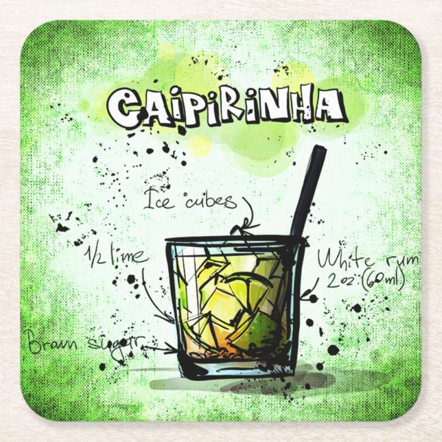 Caipirinha Drink Recipe Square Paper Coaster (Front)