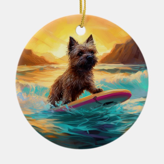 Cairn Terrier Beach Surfing Painting Ceramic Ornament (Front)