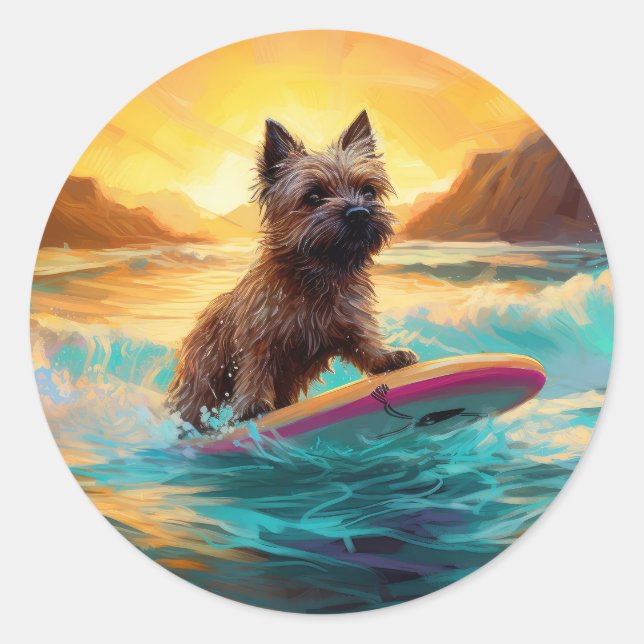 Cairn Terrier Beach Surfing Painting Classic Round Sticker (Front)