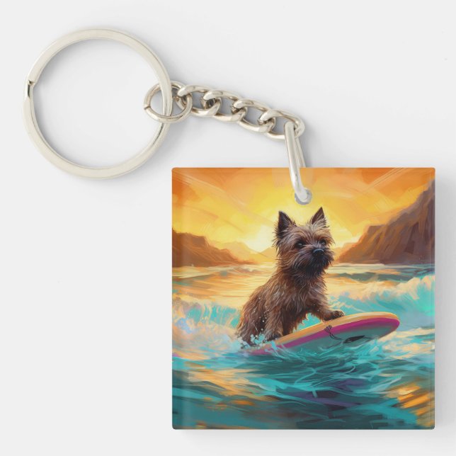 Cairn Terrier Beach Surfing Painting Keychain (Front)