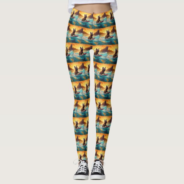 Cairn Terrier Beach Surfing Painting Leggings (Front)