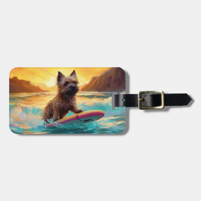 Cairn Terrier Beach Surfing Painting Luggage Tag (Front Horizontal)