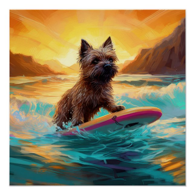 Cairn Terrier Beach Surfing Painting Poster (Front)