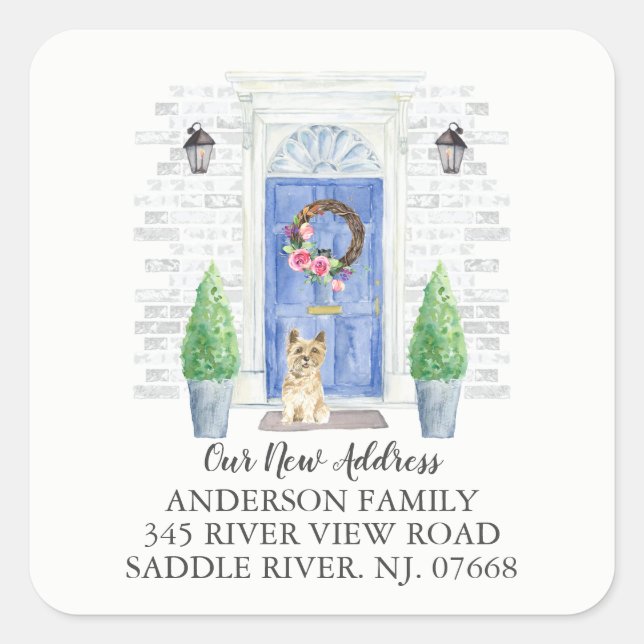 Cairn Terrier Blue Door New Address Label Sticker (Front)