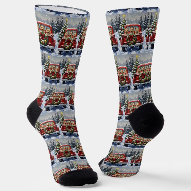 Cairn Terrier Christmas Red Truck Holiday Socks (Angled)