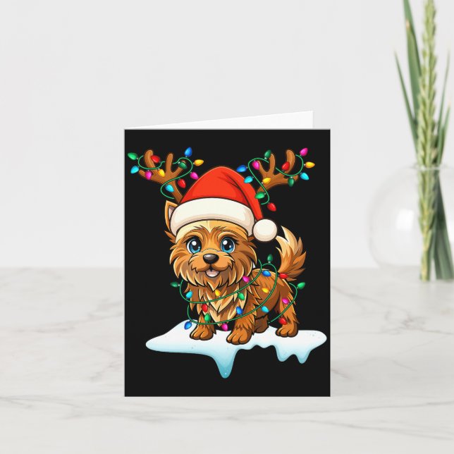 Cairn Terrier Christmas Santa Hat Reindeer Lights  Card (Front)