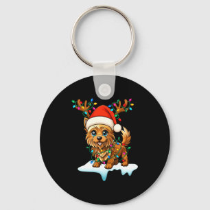 Cairn Terrier Christmas Santa Hat Reindeer Lights Keychain