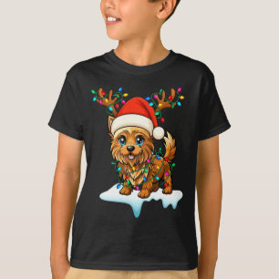 Cairn Terrier Christmas Santa Hat Reindeer Lights  T-Shirt