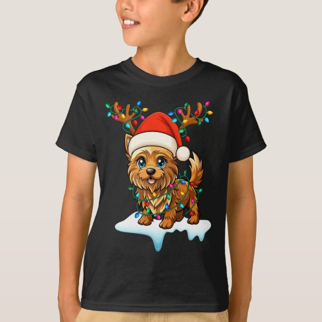 Cairn Terrier Christmas Santa Hat Reindeer Lights  T-Shirt (Front)