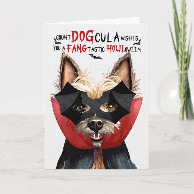 Cairn Terrier Dog Funny Count DOGcula Halloween Holiday Card (Front)