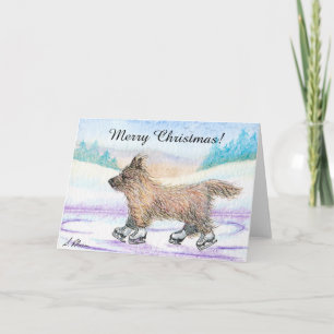 Cairn Terrier dog ice skating Christmas card