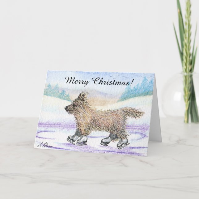 Cairn Terrier dog ice skating Christmas card (Front)