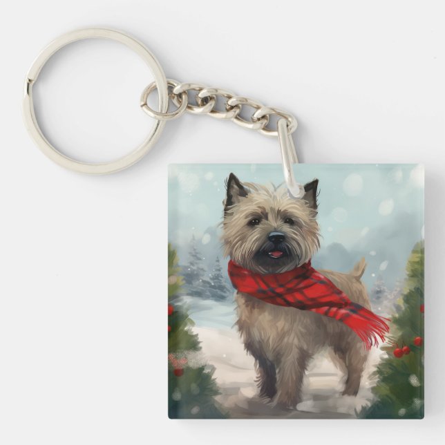 Cairn Terrier Dog in Snow Christmas Keychain (Front)