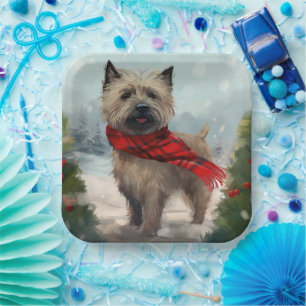 Cairn Terrier Dog in Snow Christmas Paper Plate
