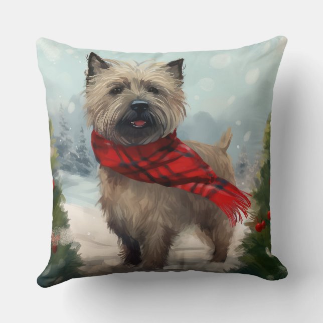 Cairn Terrier Dog in Snow Christmas Throw Pillow (Back)