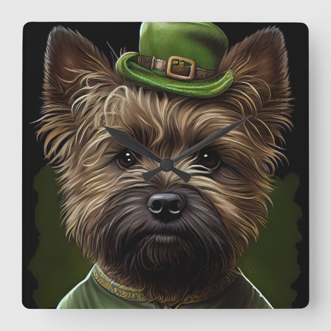 Cairn Terrier dog in St. Patrick's Day Dress Square Wall Clock (Front)