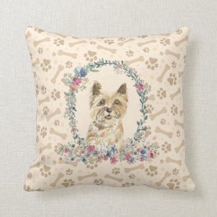 Cairn Terrier Dog Paw Print & Floral Cute Throw Pillow