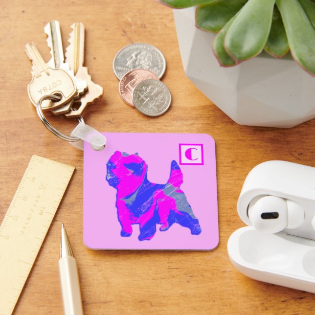 Cairn Terrier Dog Pink & Blue Silhouette Monogram Keychain (Desk)