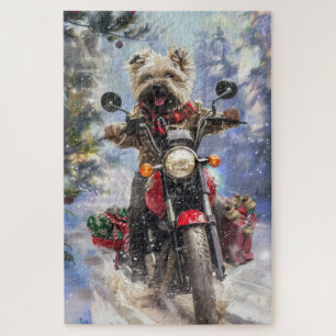 Cairn Terrier Dog Riding Motorcycle Christmas Jigsaw Puzzle