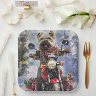 Cairn Terrier Dog Riding Motorcycle Christmas Paper Plate