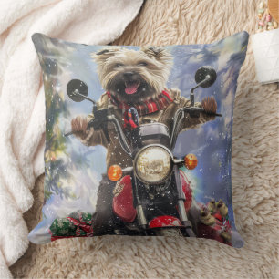 Cairn Terrier Dog Riding Motorcycle Christmas Throw Pillow