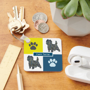 Cairn Terrier Dog Silhouette & Paw Print Y&B Grid Keychain