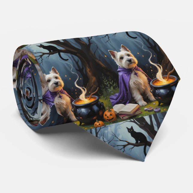 Cairn Terrier Dog Whimsical Halloween Painting Tie (Rolled)