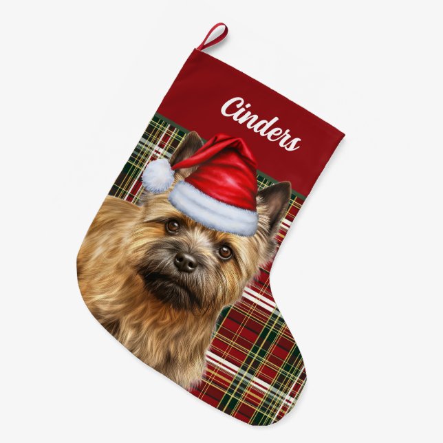 Cairn Terrier Dog with Holiday Plaid Personalized Large Christmas Stocking (Front (Hanging))