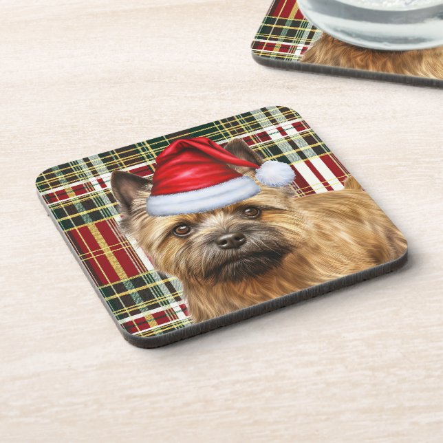 Cairn Terrier Dog with Red Holiday Plaid Christmas Coaster (Left Side)